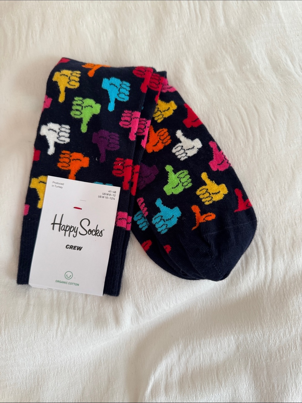 Happy Socks Navy Crew Socks with Multicolor Thumbs Pattern unisex